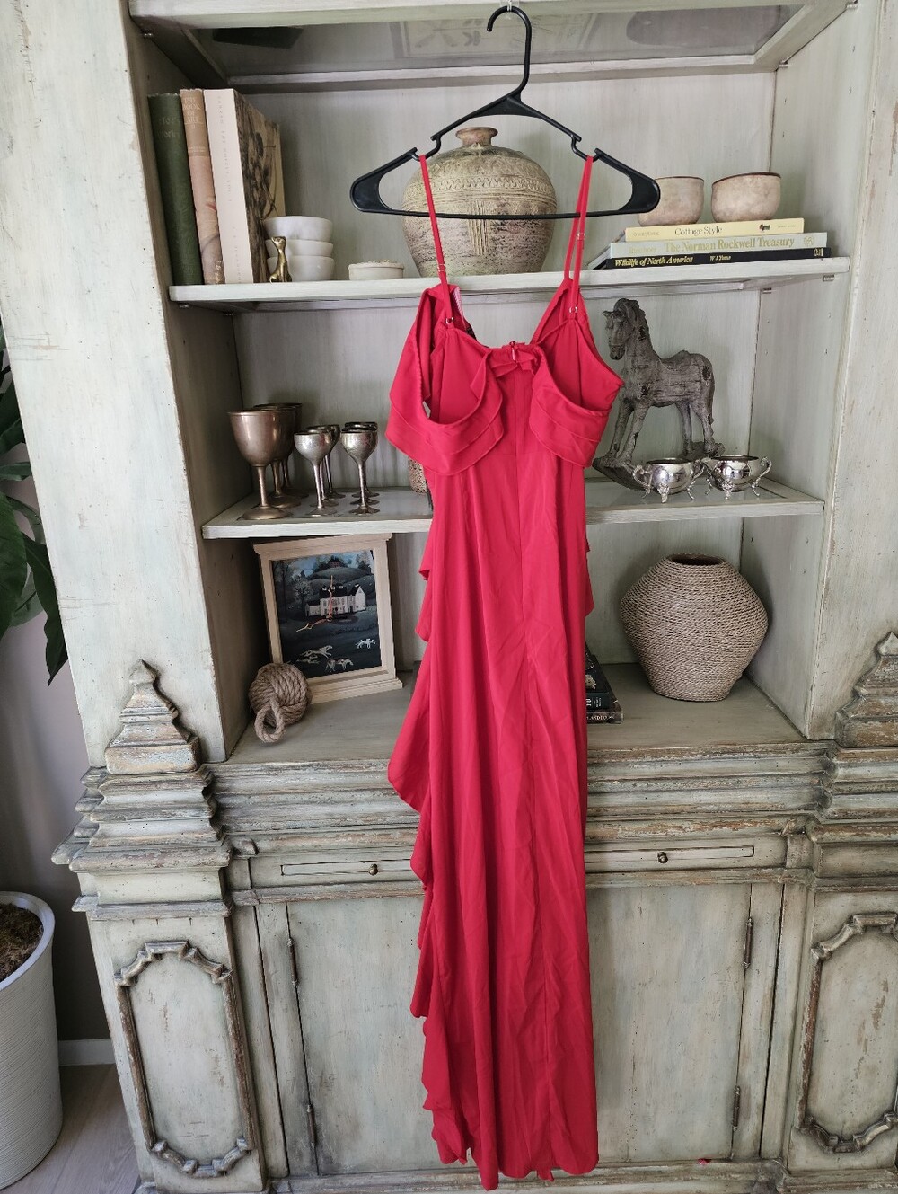 $130 NWT PRETTYLITTLETHING Red Cold Shoulder Ruffle Maxi Dress US 10 - Picture 11 of 13
